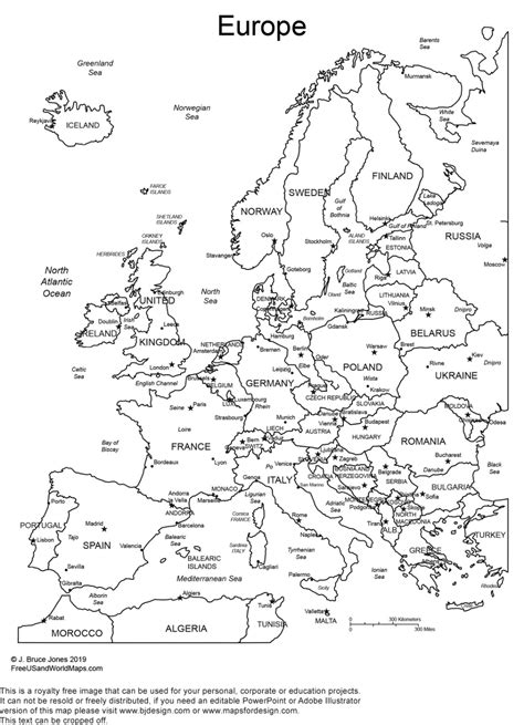 a map of europe with countries labeled in black and white, as well as the names of major cities