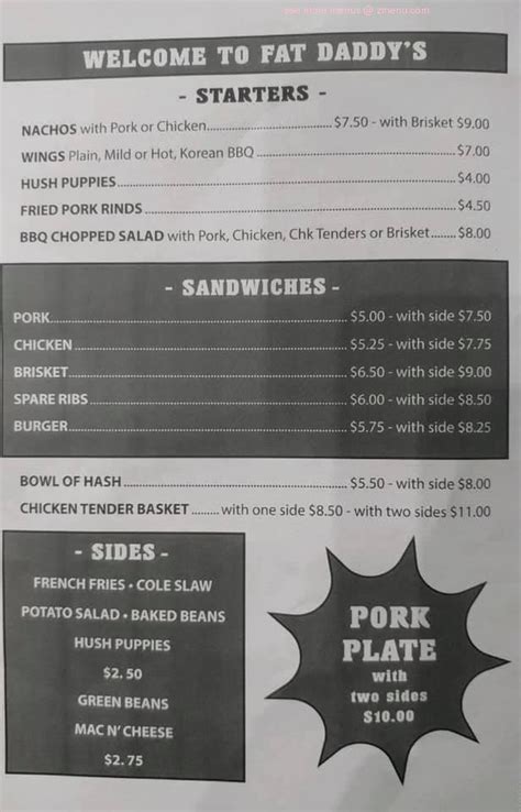 Menu at Fat Daddy's BBQ, Greenwood, 115 Hampton Ave