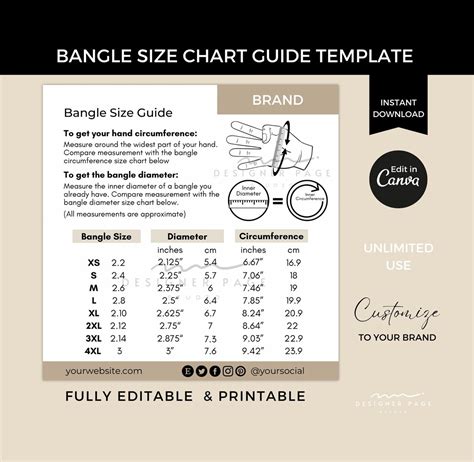 Editable Bangle Size Chart Template Canva, Printable Bracelet Size Guide, Jewelry Length ...