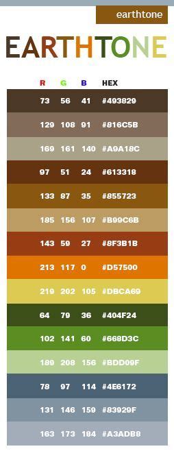 Earth tone hex codes and RGB values. | Earth tone color palette, Brown color schemes, Color schemes