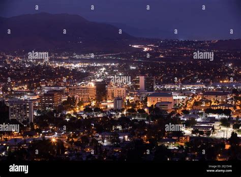 Aerial nighttime skyline view of Downtown Riverside, California, USA ...