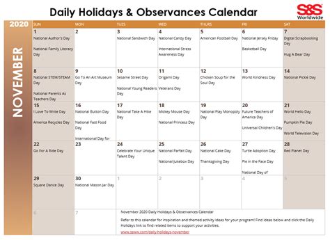 November 2020 Printable Daily Holidays Calendar - S&S Blog