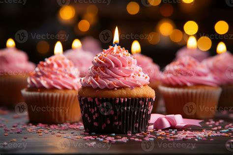 Happy Birthday cupcake, burning candles, pink ribbon gift a festive delight AI Generated ...