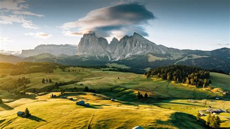 Aerial view of Seiser Alm, sunrise in Italian Dolomites, famous landmark in northern Italy ...