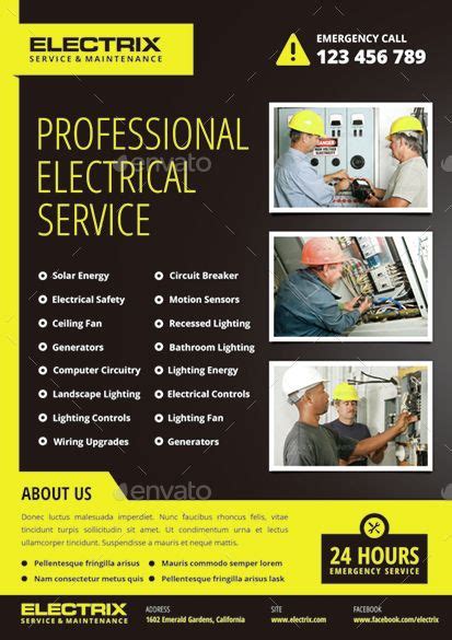 an electrician flyer template with two men working on the electrical equipment in front of them