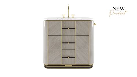 a white and gold bathroom vanity with two faucets on the front, and one ...