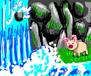 Pig flying in front of a waterfall - Drawception
