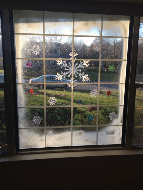 Christmas Window Art: Spray Snow and Cling Ons