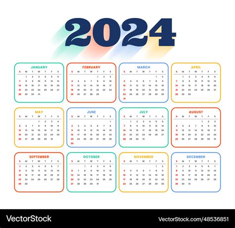 Colorful 2024 english calendar template plan Vector Image