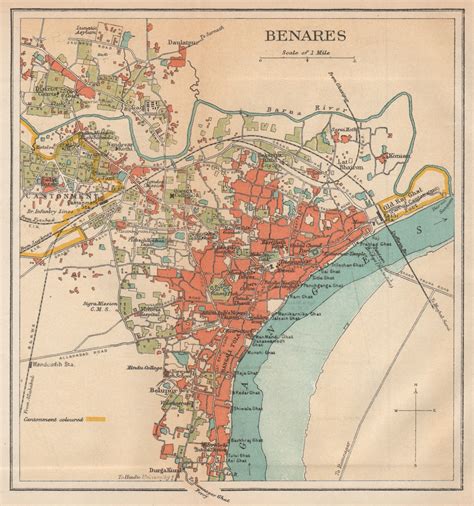 BRITISH INDIA. Benares (Varanasi) city plan.Ganges temples cantonment 1929 map