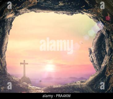 Resurrection - Tomb Empty With Crucifixion At Sunrise Stock Photo ...