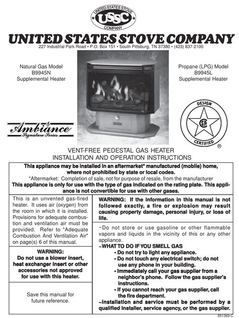 UNITED STATES STOVE B9945N INSTALLATION AND OPERATION INSTRUCTIONS ...