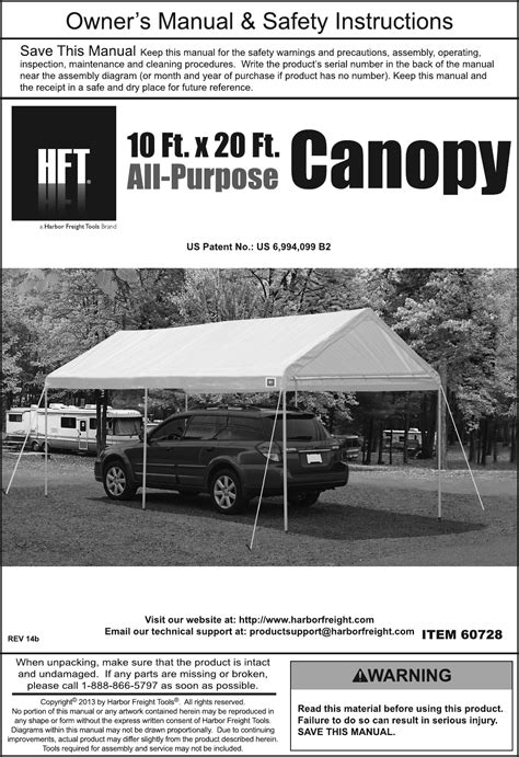 Harbor Freight 10 Ft X 20 Portable Car Canopy Product Manual