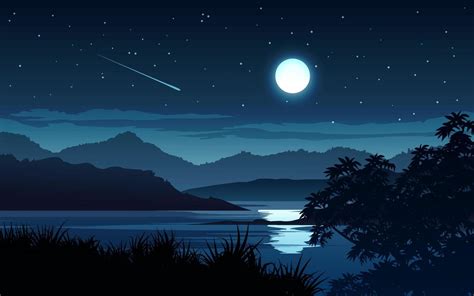 Night time scene with bright full moon at lake 5732461 Vector Art at ...