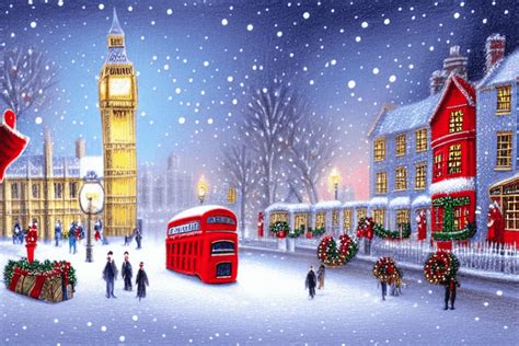 Pretty Christmas Drawing of London with Snow Sparkle Holly British ...