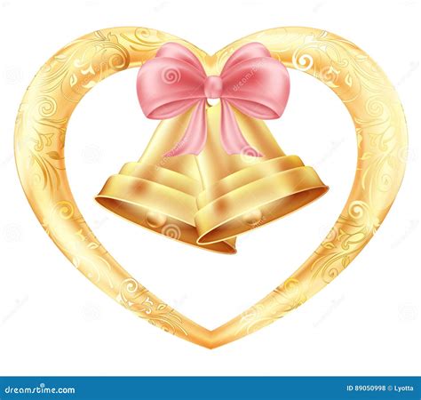 Wedding Bells with Hearts and a Pink Bow in a Gold Frame with a Floral ...