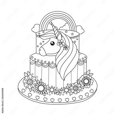 Unicorn cake coloring book for adult. Vector illustration. Handdrawn.Doodle style. Stock Vector ...