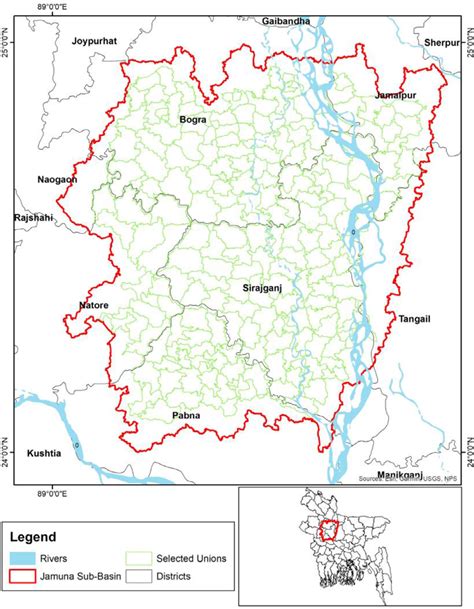 Study area map of the western sub-basin of Jamuna River (area within ...