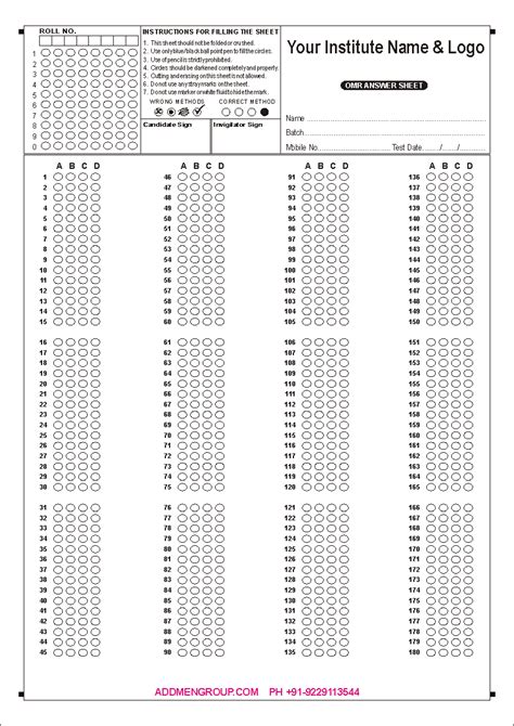 180 Question OMR Sheet Sample