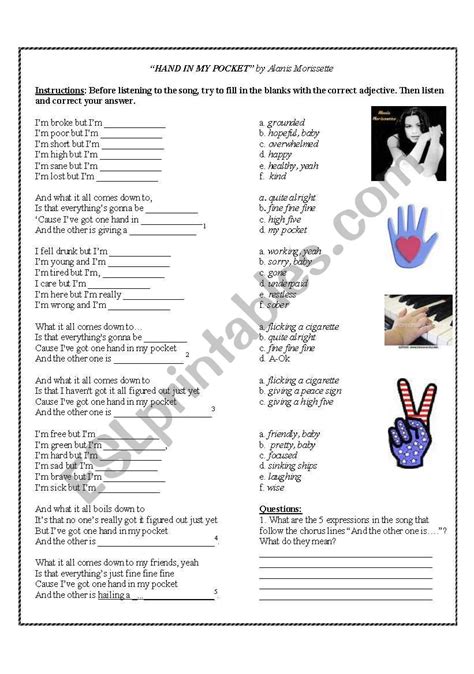 One Hand in My Pocket - ESL worksheet by celineclark