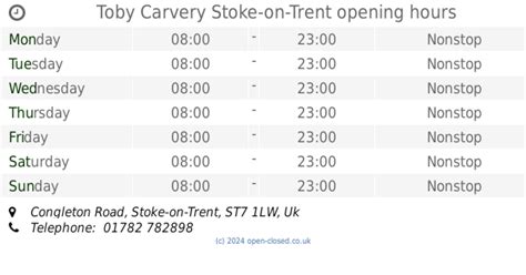 Toby Carvery Stoke-on-Trent opening times, Congleton Road