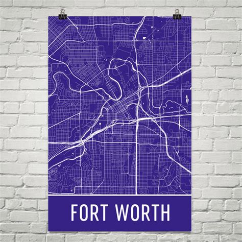 Fort Worth TX Street Map Poster - Wall Print by Modern Map Art