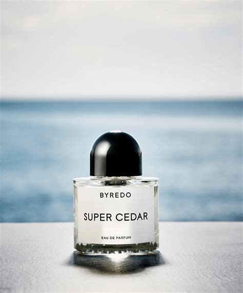 a bottle of perfume sitting on top of a table next to the ocean and sky