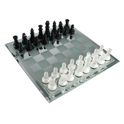 15" Black and Frosted Glass Chess Set with Mirror Board