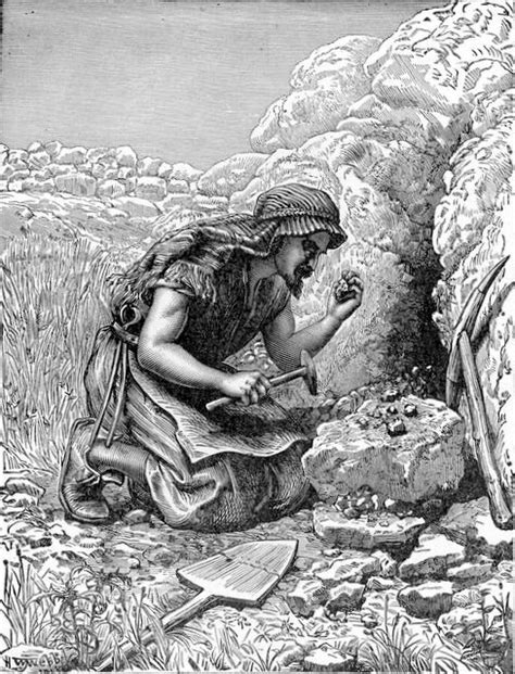 an old illustration of a woman kneeling down next to a rock and holding something in her hand