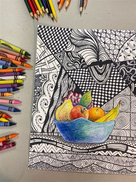 Middle school art lessons, zentangle art, still life art project that teaches how to use ...