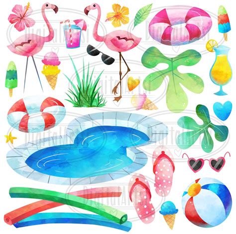 Watercolor Pool Party Clipart Summer Clipart Instant - Etsy Canada