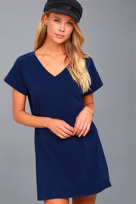 Navy Blue T-Shirt Dress - Shift Dress - V-Neck Dress - Lulus