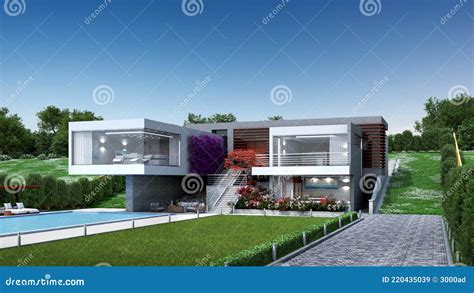 3D Illustration of a Modern Luxury House with a Pool Stock Illustration ...