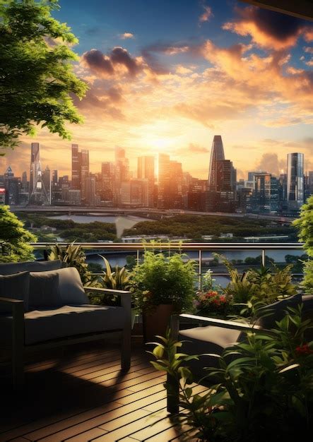 Premium AI Image | Urban rooftop garden with a lot lush greenery seating areas views Generative Ai