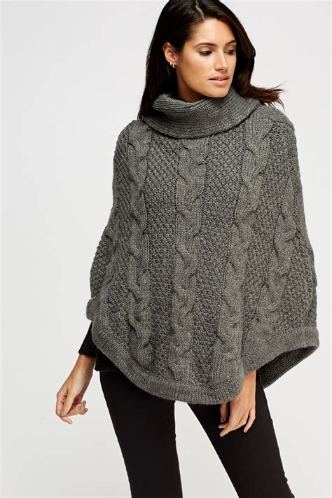 Cowl Neck Cable Knit Poncho - Just $7