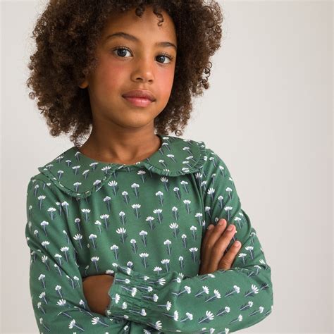 Floral print cotton t-shirt with peter pan collar and long sleeves, green print, La Redoute ...