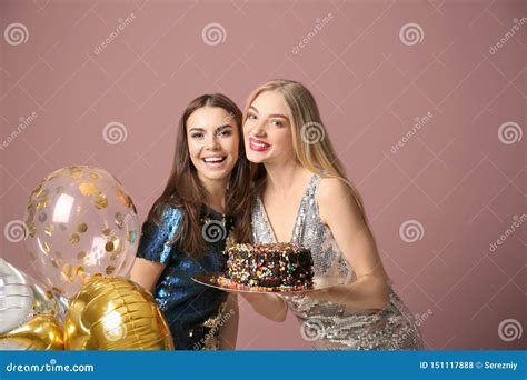 Young Woman with Birthday Cake and Her Friend on Color Background Stock Photo - Image of gift ...