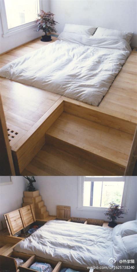 furniture - Raised platform around bed with built-in storage ...