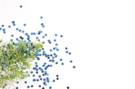 Free Image of Evergreen Sprig and Blue Star Confetti on White | Freebie.Photography