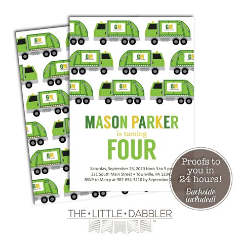 Printable Garbage Truck Birthday Party Invitation Green - Etsy | Trucks ...