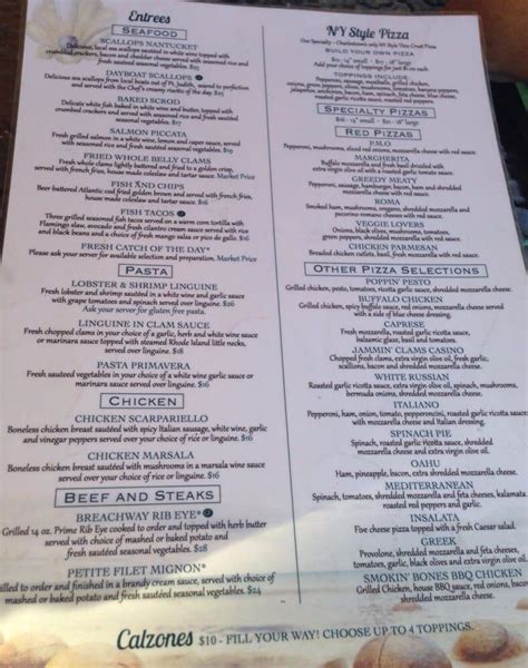 Menu at The Breachway Grill pizzeria, Charlestown