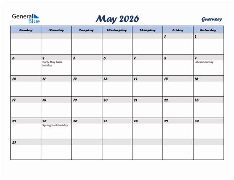 May 2026 Monthly Calendar Template with Holidays for Guernsey