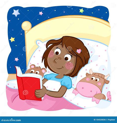 Adorable Little Black Girl Reading Bedtime Story To Her Funny Toys Stock Illustration ...