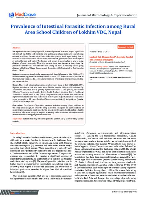 (PDF) Prevalence of Intestinal Parasitic Infection among Rural Area School Children of Lokhim ...