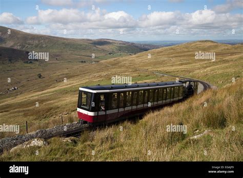 Snowdon Mountain Railway train, near Llanberis, Snowdonia National Park ...