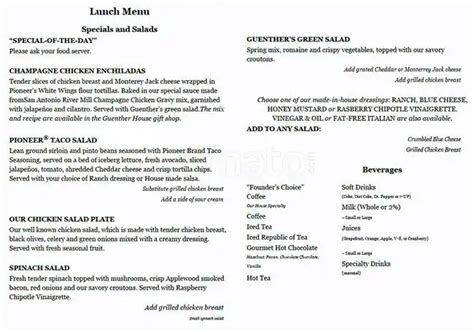 Menu at The Guenther House restaurant, San Antonio