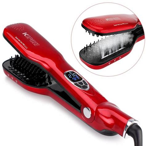 Hair Straightener Brush with Steam flat iron Brush Ceramic 3D bristles Double Plate Straightener ...