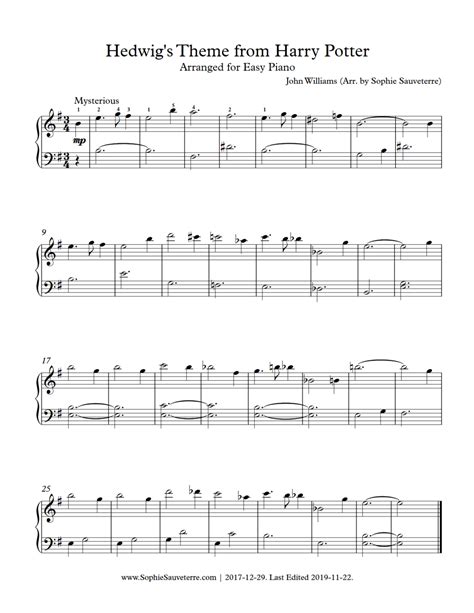 Hedwig’s Theme from Harry Potter – Easy Piano Sheet Music Arrangement – Sophie Sauveterre ...