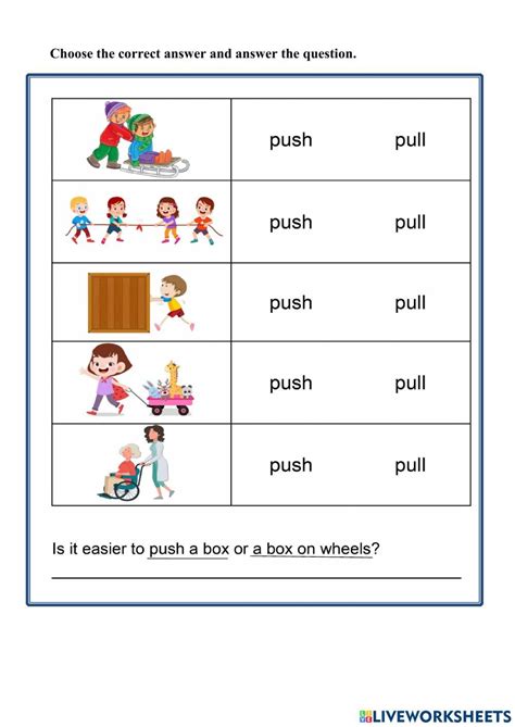 Push or Pull? worksheet | Science for grade 1 worksheets, Kindergarten reading activities, 1st ...