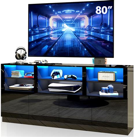 Sumdeal Entertainment Center TV Stand, MDF TV Console with LED Light, Modern High-Gloss TV ...